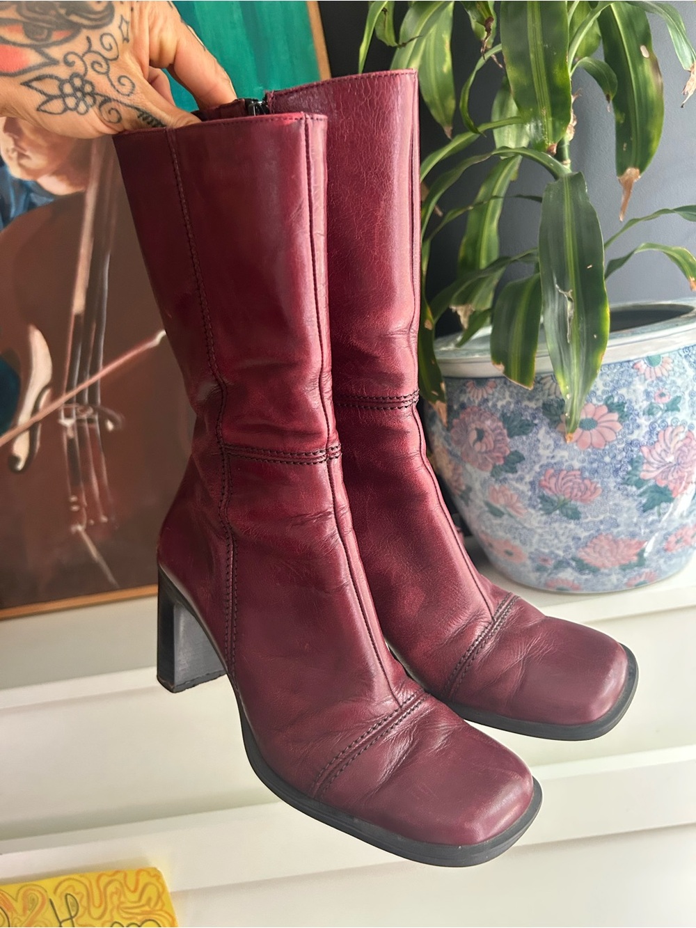ALDO Burgundy Leather Mid Calf Block Heel Boots Square Toe Women’s EU 39 US 8